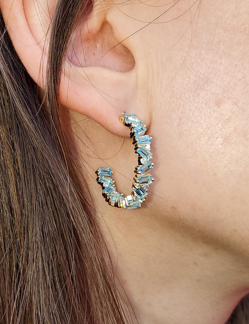 18K Swiss Blue Topaz and Diamond Hoop Earrings